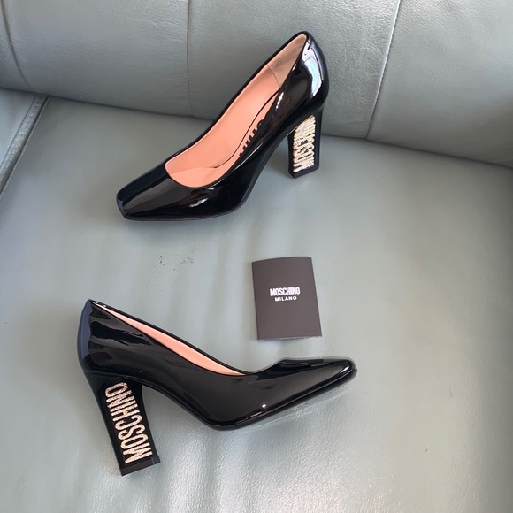 Moschino Shoes - Moschino Patent Leather Crystal Logo Pumps